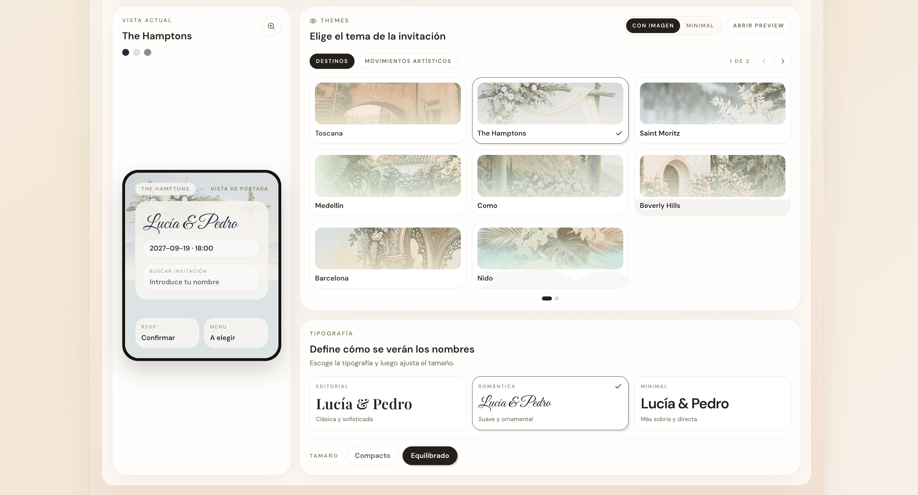 Panel de ContigoSí configurando el diseño de una invitación