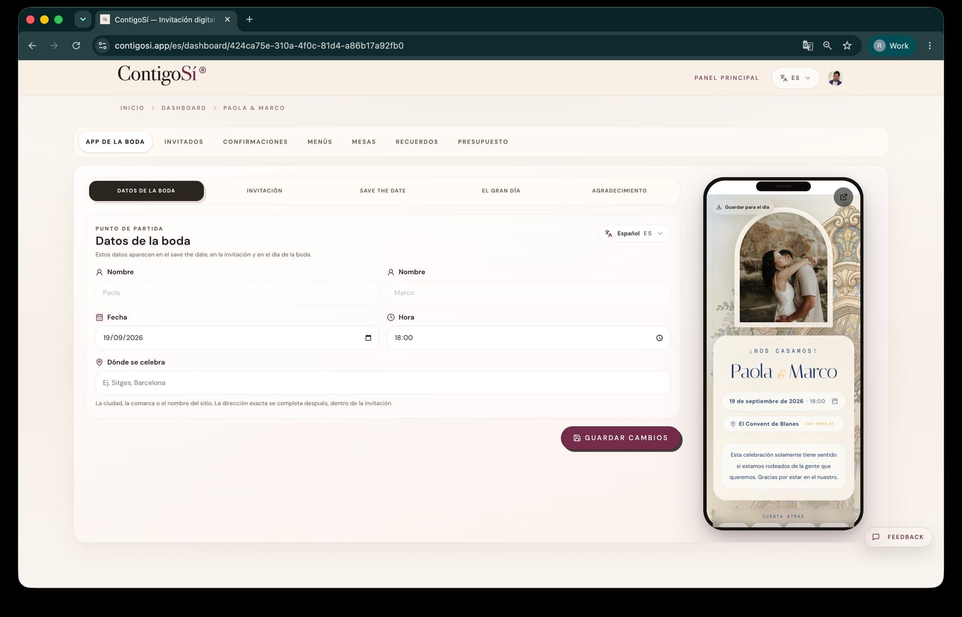 Panel de ContigoSí configurando el diseño de una invitación
